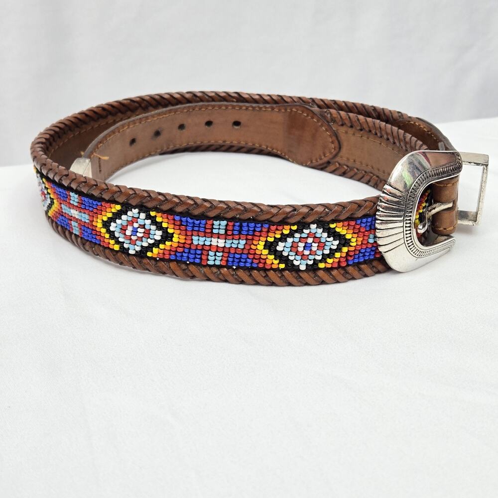 Vintage Leather Belt Vibrant Multicolored Beaded Inlay Silvertone 30" LOOK PICS